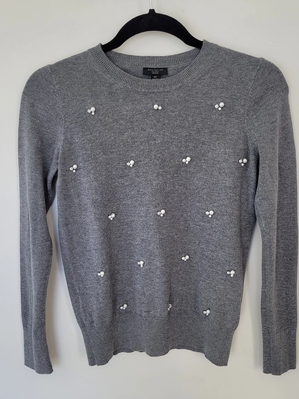 Ann Taylor Factory Gray Crewneck Sweater with Pearl Clusters